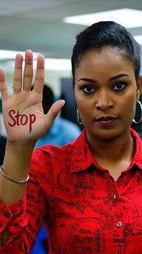 Protective stance: a woman in office with her arm outstretched holding says stop, symbolizing resistance, boundaries, and awareness, addressing the concept of harassment at work with determination.