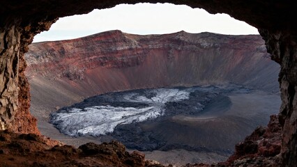 View of a volcanic crater with a central ice formation seen through a cave opening