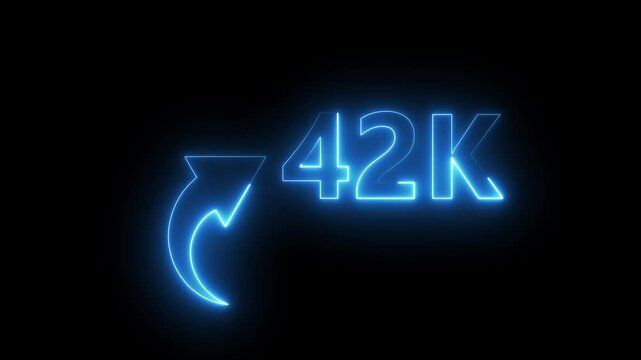 42K neon text animation on black background. Neon number with arrow animation. Followers or subscribers and like comment letter on black background.
