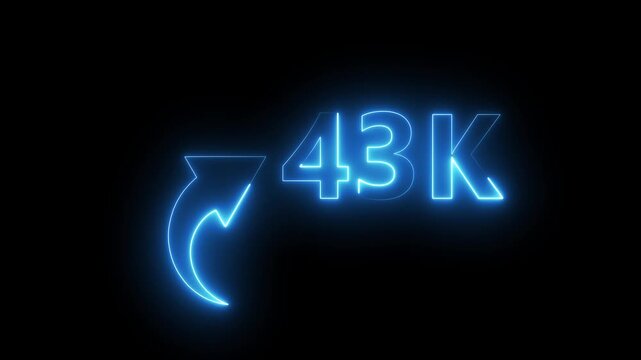 43K neon text animation on black background. Neon number with arrow animation. Followers or subscribers and like comment letter on black background.