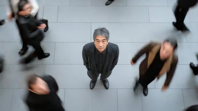 群衆の中心で上を見上げる男性の視線と高揚