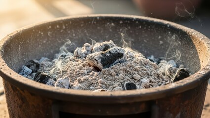Aged fire pit with glowing embers and charcoal surrounded by ashes in outdoor setting at sunset