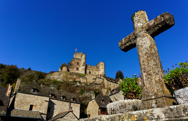 view of the picturesque village of Belcastel in Aveyron. view of the ancient castle and the emblematic bridge of this village
