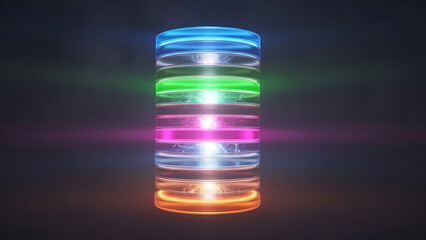 Fintech 3d data visualization representing stacked financial information with vibrant neon lights and a dark background.