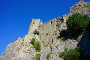 Puilaurens, France - 9th of august 2022 : View of the ruins of the Puilaurens castle, symbol of the Cathar country