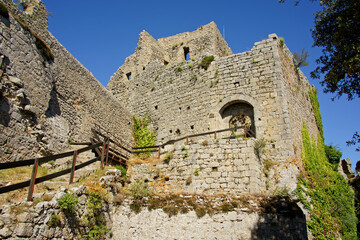 Puilaurens, France - 9th of august 2022 : View of the ruins of the Puilaurens castle, symbol of the Cathar country