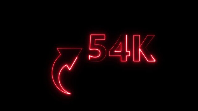 54K neon text animation on black background. Neon number with arrow animation. Followers or subscribers and like comment letter on black background.