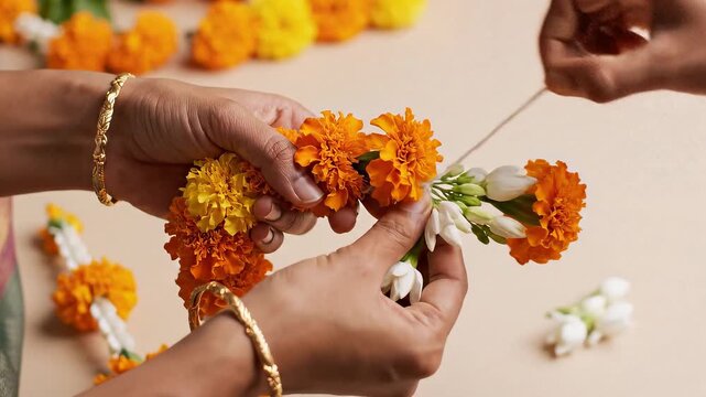 Step by step video shows a woman hands stringing together orange marigolds and white jasmine flowers to create a traditional garland.