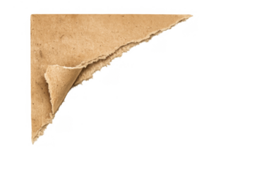 Brown kraft paper corner with jagged torn edges, textured surface and curled detail. Transparent background