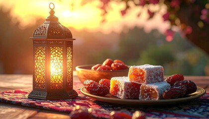 Ramadan lantern with dates and Turkish delight at sunset.