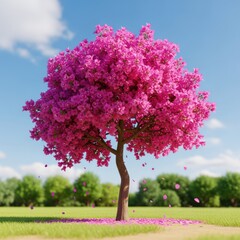 Fototapeta premium A vibrant, pink flowering tree stands alone on a grassy field, sky above. Petals drift