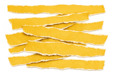 Torn yellow paper strips with ripped textured edges on a transparent background, blank space for text or message