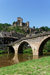 view of the picturesque village of Belcastel in Aveyron. view of the ancient castle and the emblematic bridge of this village