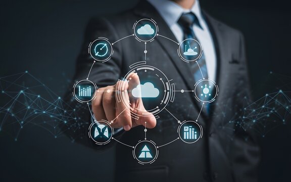 Businessman Touching Cloud Icon in Digital Network Diagram cloud computing technology - Powered by Adobe