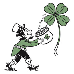 Cheerful leprechaun carrying a pot of gold with a four-leaf clover on a white background