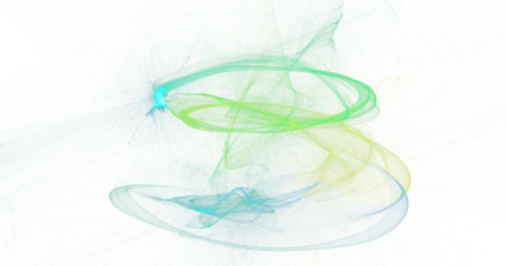 Vertical spiral rings of green and teal smoke hovering on white background, dynamic abstract motion artwork with airy loops, crisp high resolution PNG for technology, eco branding and modern interface