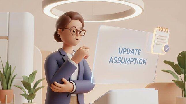 Animated professional presenting update assumptions in modern office