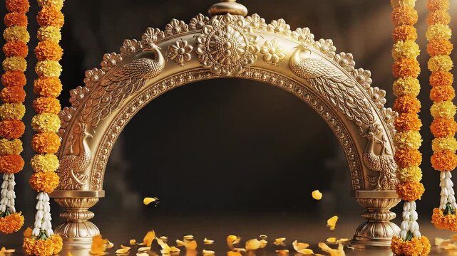 Golden archway adorned with marigold garlands, petals falling. Perfect for cultural events, weddings, and festive celebrations with traditional decor.