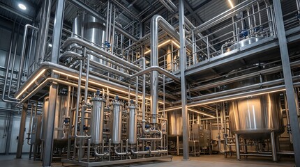 Complex stainless steel pipe system and tanks within a modern industrial processing facility