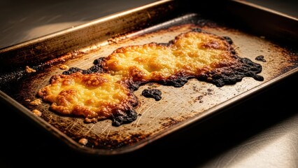 Golden melted cheese on rustic baking sheet with crispy edges under warm glow