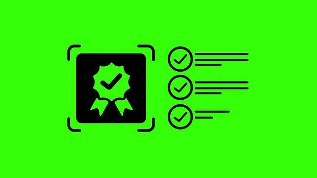 Certification Approval Checklist Icon with Verified Badge and Check mark List for Business Quality Control Document Validation and UI Interface Design.on a green background , with 4k video animation.