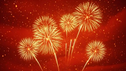 Vibrant red fireworks exploding in the night sky with sparks and smoke