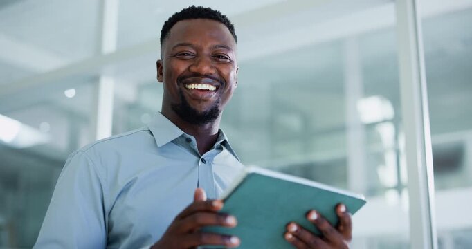 Black man, tablet and laugh at office with face, checklist or low angle at investment company. African person, consultant or advisor with tech, application and happy at financial agency in Nigeria
