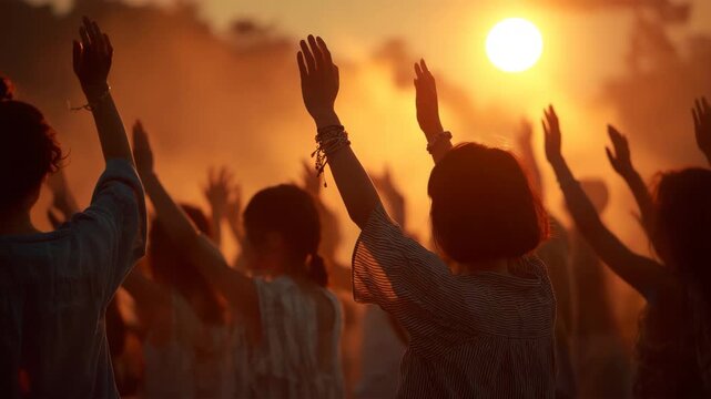 夕焼けの会場で手を上げ歓声する女性の熱気