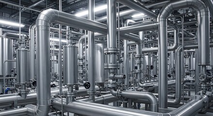 Intricate network of polished stainless steel pipes and industrial machinery within a clean manufacturing facility
