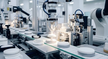 Robotic arm assembling white cosmetic containers on an automated assembly line
