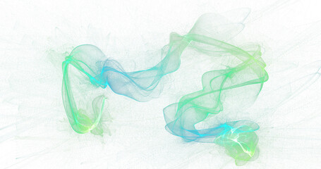 Soft aqua and teal smoke ribbons flowing across white background, calm abstract motion artwork with translucent looping forms, refreshing high resolution PNG ideal for wellness, eco and tech designs

