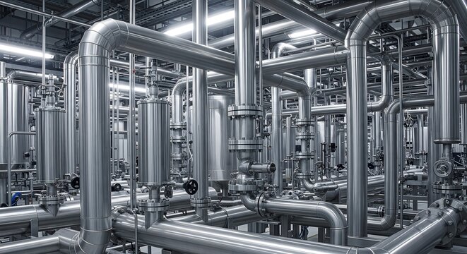 Intricate network of polished stainless steel pipes and industrial machinery within a clean manufacturing facility