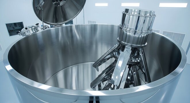 Large stainless steel industrial mixing vessel with open lid and internal agitator