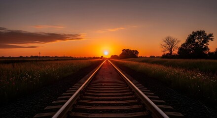 Fototapeta premium Endless railroad tracks receding into a vibrant sunset over a grassy field