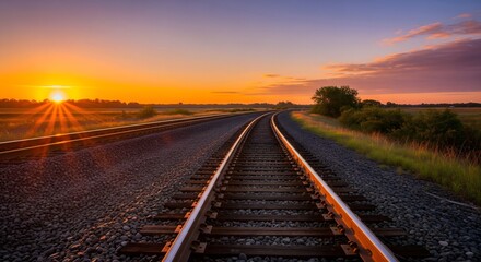 Fototapeta premium Railroad tracks disappearing into a vibrant sunset with golden sun rays and silhouetted trees