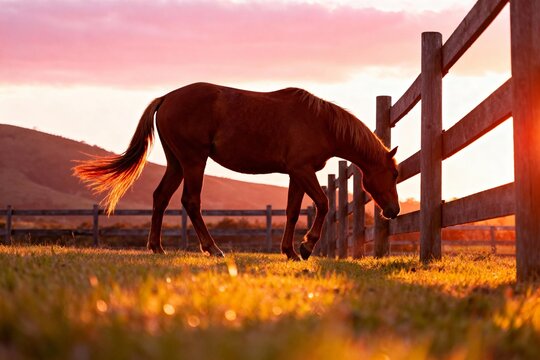 A brown horse grazing near a wooden fence at sunset in a rural field - Powered by Adobe
