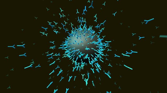 Opsonization Viral Capsid Antibodies Blue Bioluminescent Docking Dark Lymphatic Background 3D Medical Cinematic Loop 4K ProRes 422 HQ