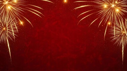 Vibrant fireworks exploding in the night sky with a dark red background and golden sparks