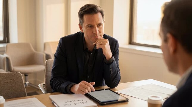 Business discussion in office setting two men conversing documents present