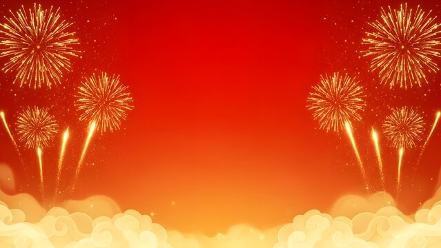Vibrant fireworks exploding in the night sky with clouds and a gradient red background - Powered by Adobe