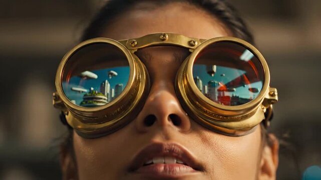 Close-up of a woman wearing ornate brass goggles, reflecting a vibrant, futuristic city with airships in the sky.