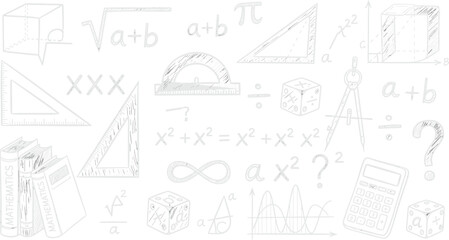 Mathematics doodle set with formulas, equations, geometric shapes, calculator, compass, protractor, books, and cubes, hand drawn light gray sketch on white background, education.