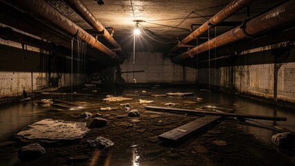 Dimly lit abandoned underground basement with rusty pipes and reflections in stagnant water beneath concrete ceiling