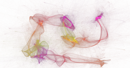 Interlinked colorful smoke loops forming organic clusters on white canvas, playful abstract ribbon composition in pink, orange, yellow and green tones, detailed PNG illustration for creative projects
