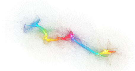 Vibrant diagonal rainbow energy trail on white background, luminous abstract smoke path with...
