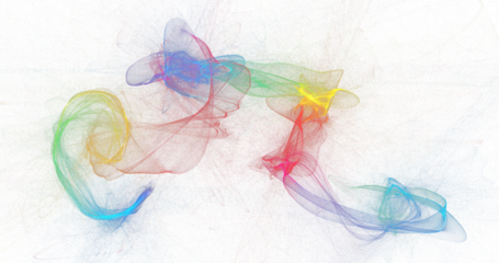 Playful interconnected rainbow smoke shapes forming swirling clusters on white, vibrant multi-color abstract motion illustration, high resolution PNG for creative layouts and digital artwork

