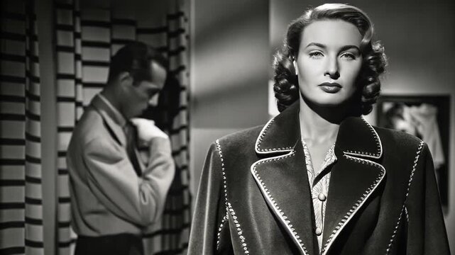 Vintage black and white photo of news anchor concept. The scene captures a poised woman in a stylish coat, with a man blurred in the background. 