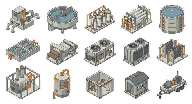 Isometric Industrial Water Treatment Plant Equipment Set featuring Filtration Systems, Cooling Towers, and Power Generators for Infrastructure Engineering and Environmental Management.