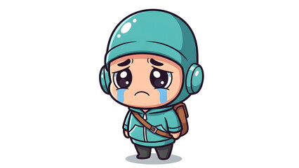 Obraz premium 3D Illustration of character sorrowful kid with helmet on white background. A 3D cartoon character of a sad child wearing a helmet, suitable for educational, emotional awareness, or children's content