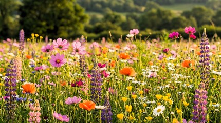 Vibrant summer meadow filled with diverse colorful wildflowers blooming under the warm sunlight